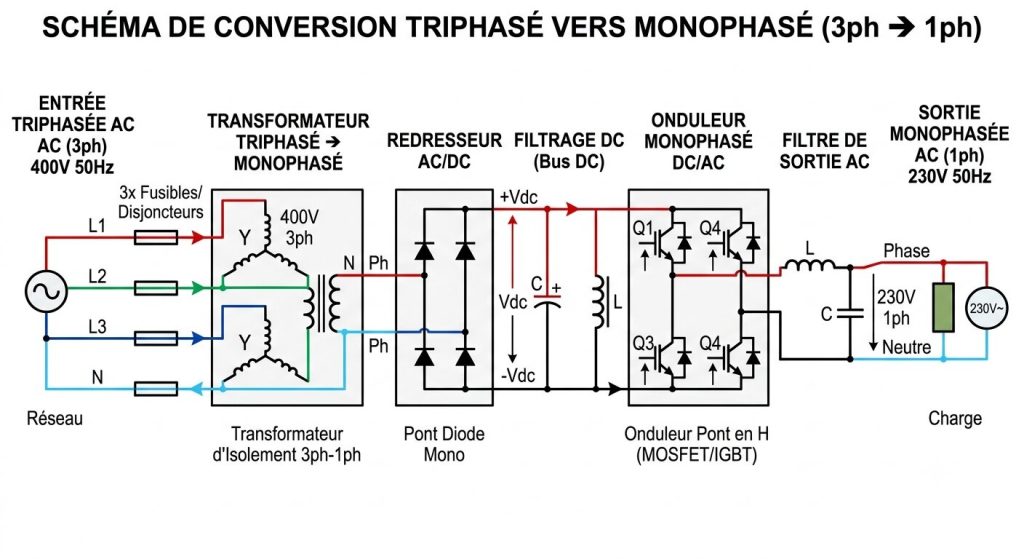 schéma triphasé vers monophasé